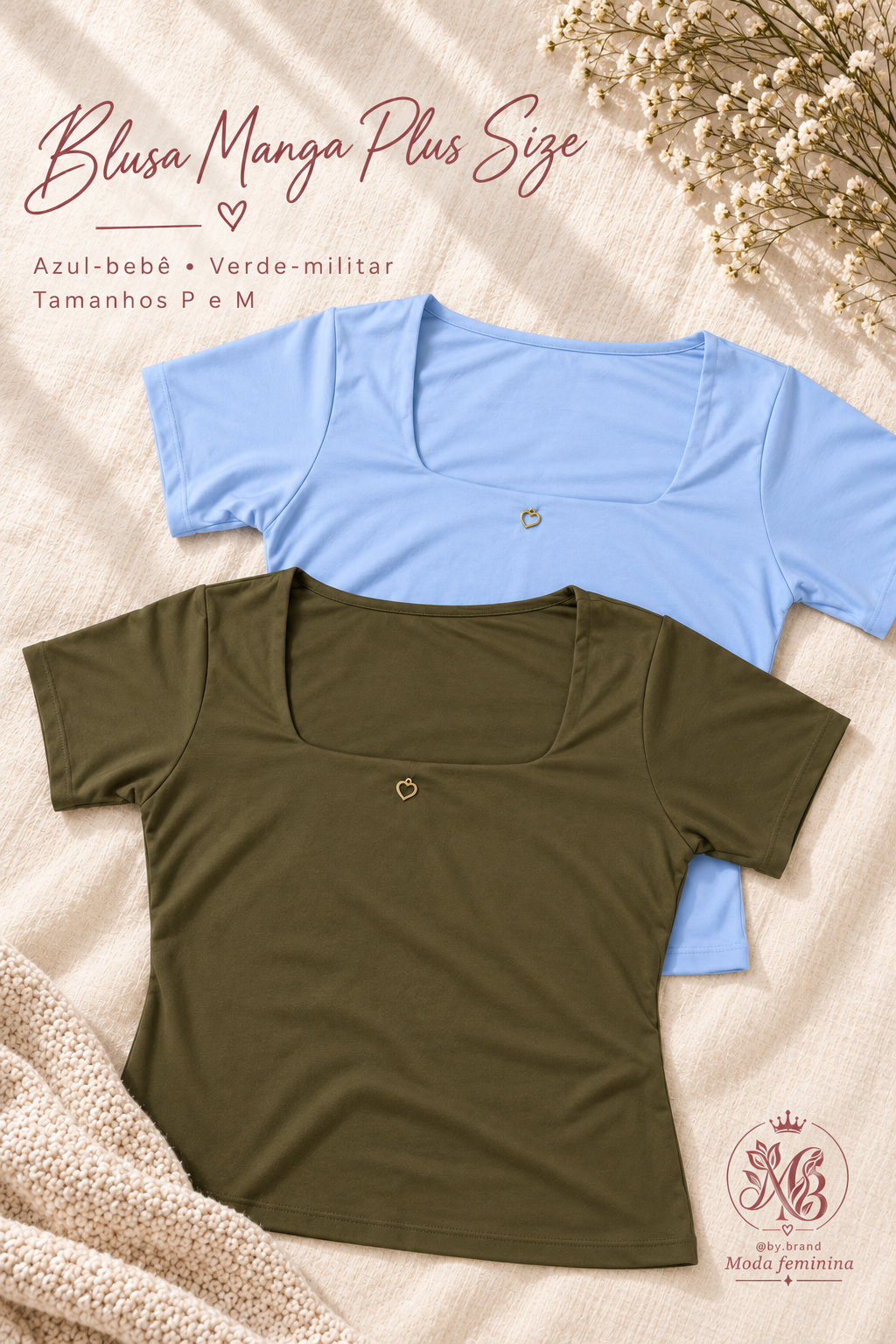 Blusa Manga Plus Size nas cores azul-bebê e verde-militar