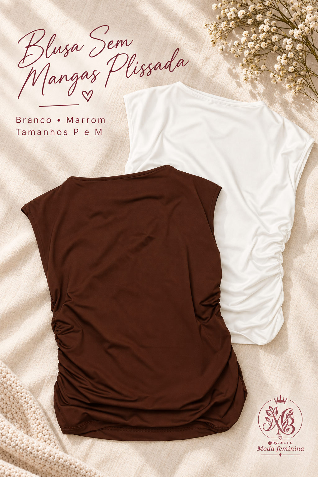 Blusa Sem Mangas Plissada nas cores branco e marrom