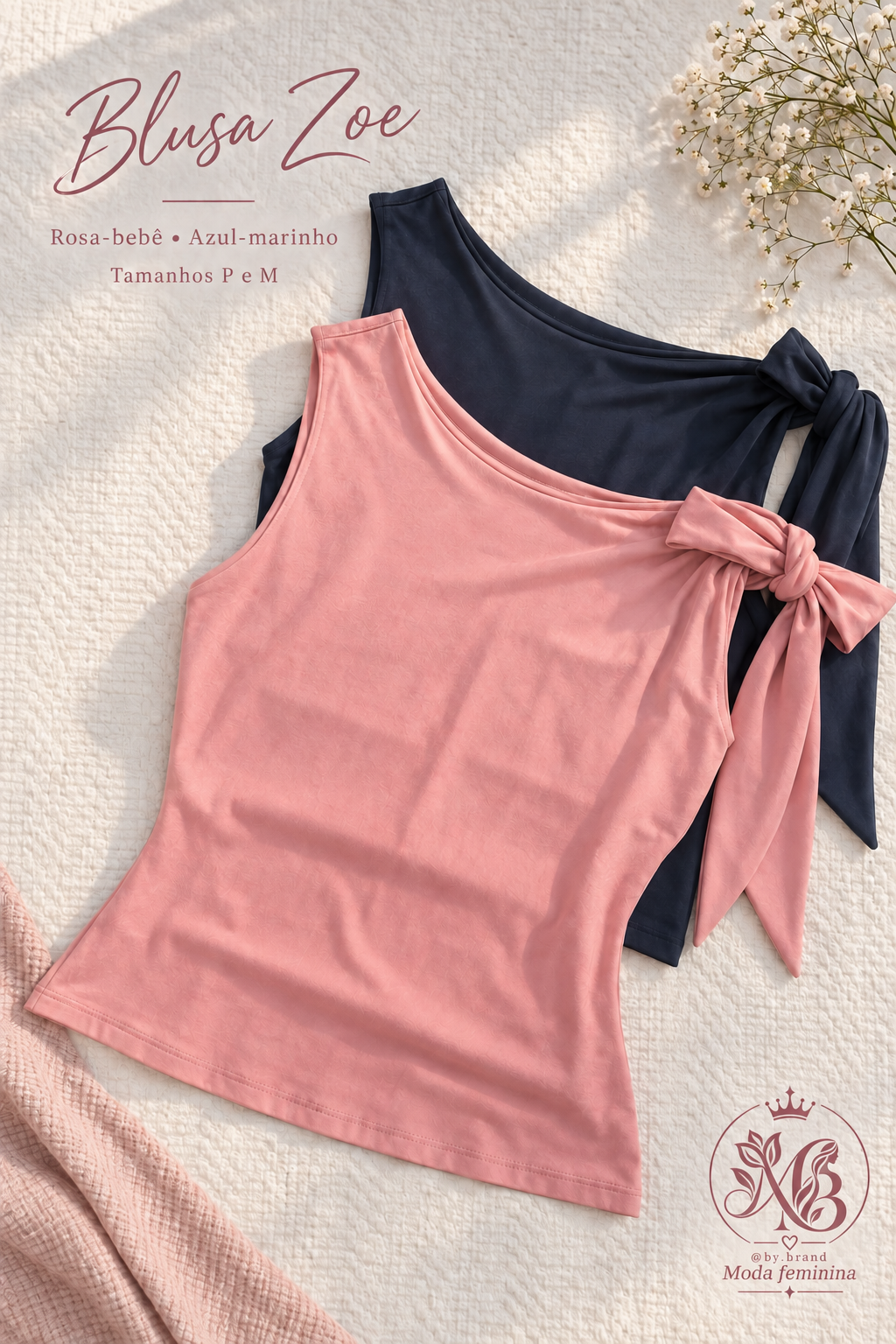 Blusa Zoe nas cores rosa-bebê e azul-marinho