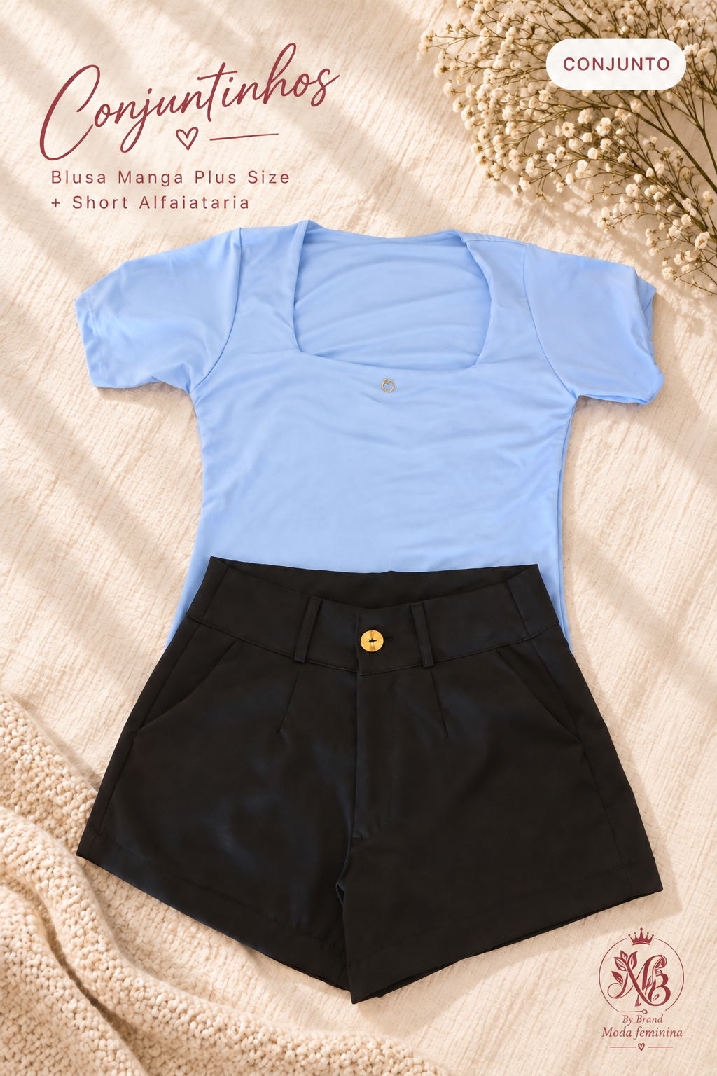 Conjuntinho com Blusa Manga Plus Size e Short Alfaiataria